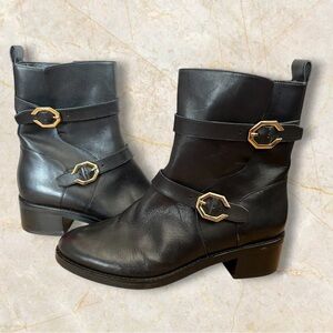 Cole Haan Grand 360 Genuine Leather Black Ankle Boots with Gold Accents